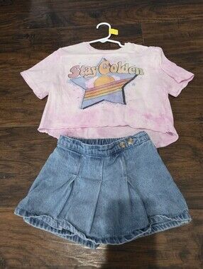 Rowdy Sprout Pink Tie-Dye 'Stay Golden' Graphic Tee & Blue Denim Skort Set